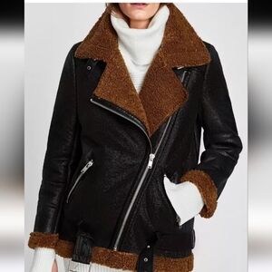 Zara Biker Faux Shearling Fur Leather Moto Jacket